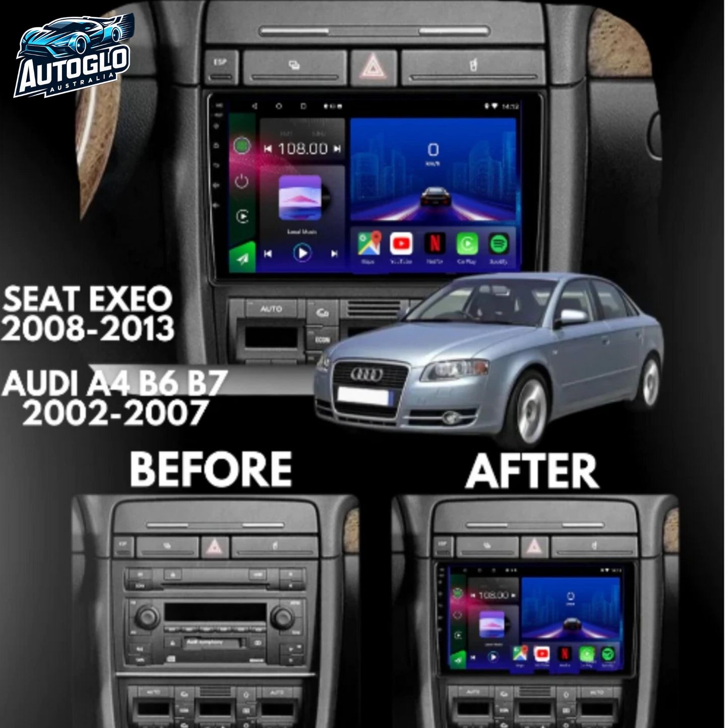 Autoglo Australia 9" GPS BT WiFi CARPLAY ANDROID Stereo For Audi A4 B6 B7 S4 RS4 (2000-08)