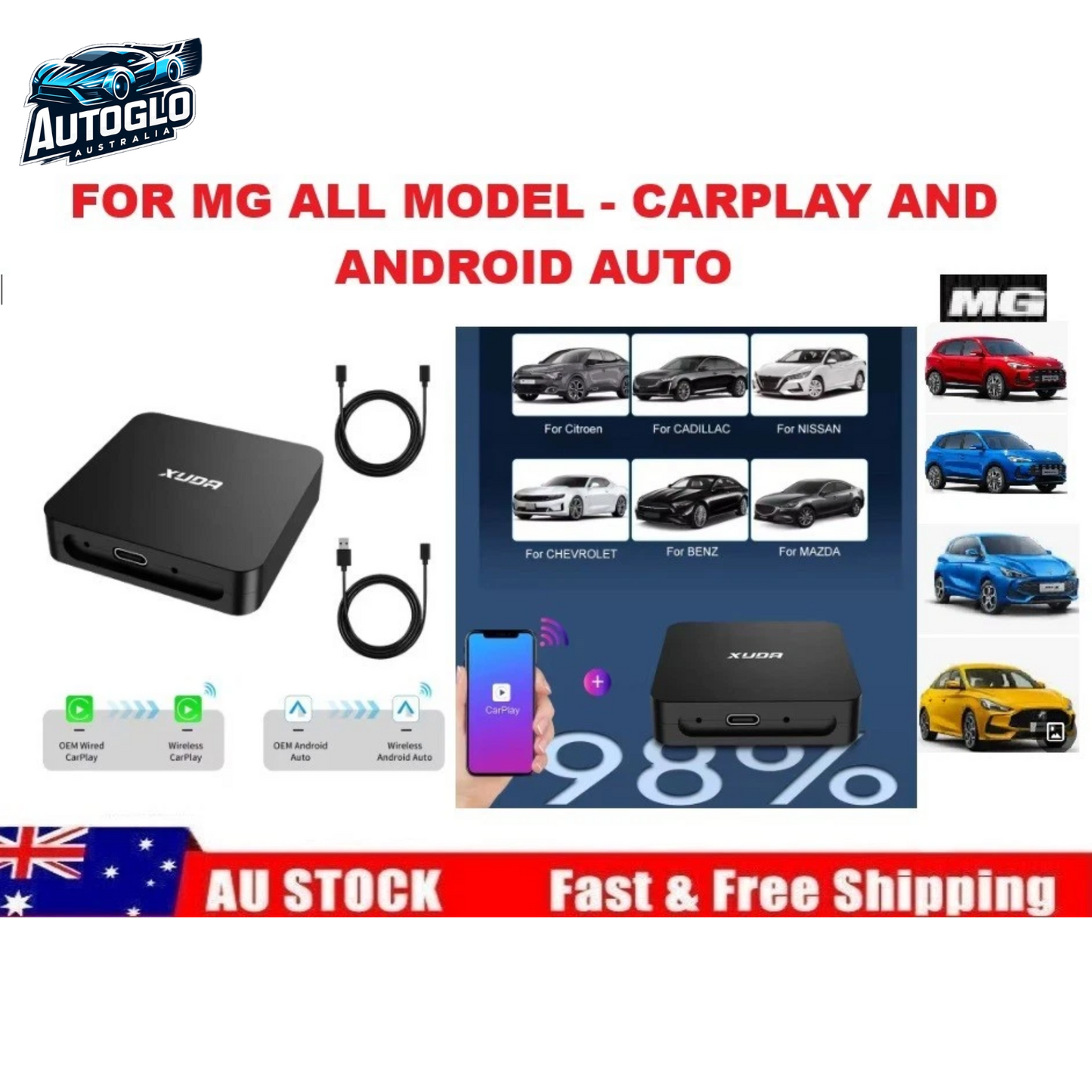Autoglo Australia T3CXUDA Carplay Android Auto Adapter For MG NISSAN BENZ MAZDA All models