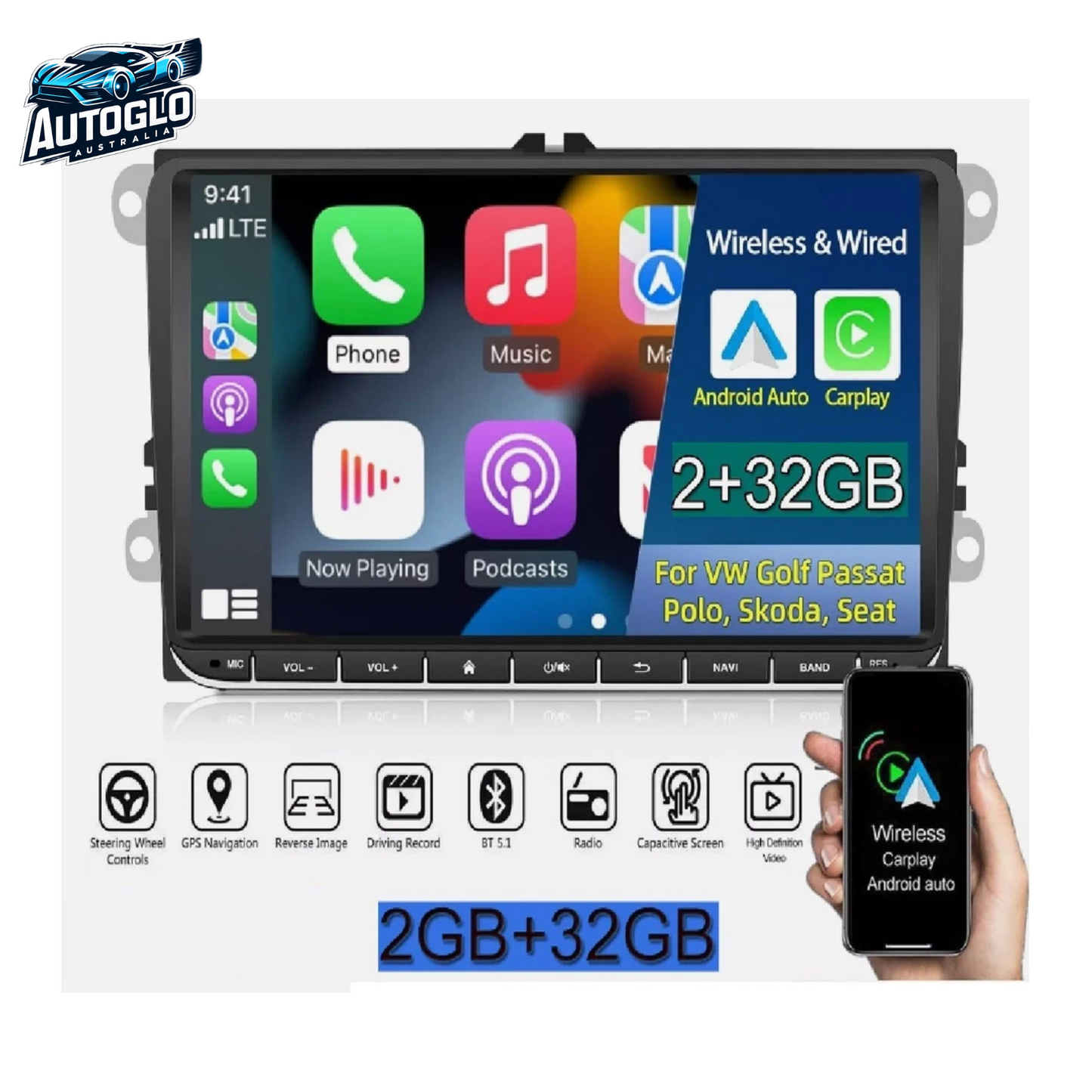 Autoglo Australia 9" CarPlay Android Stereo For VW T5 POLO CADDY AMAROK GOLF JETTA TIGUAN SKODA