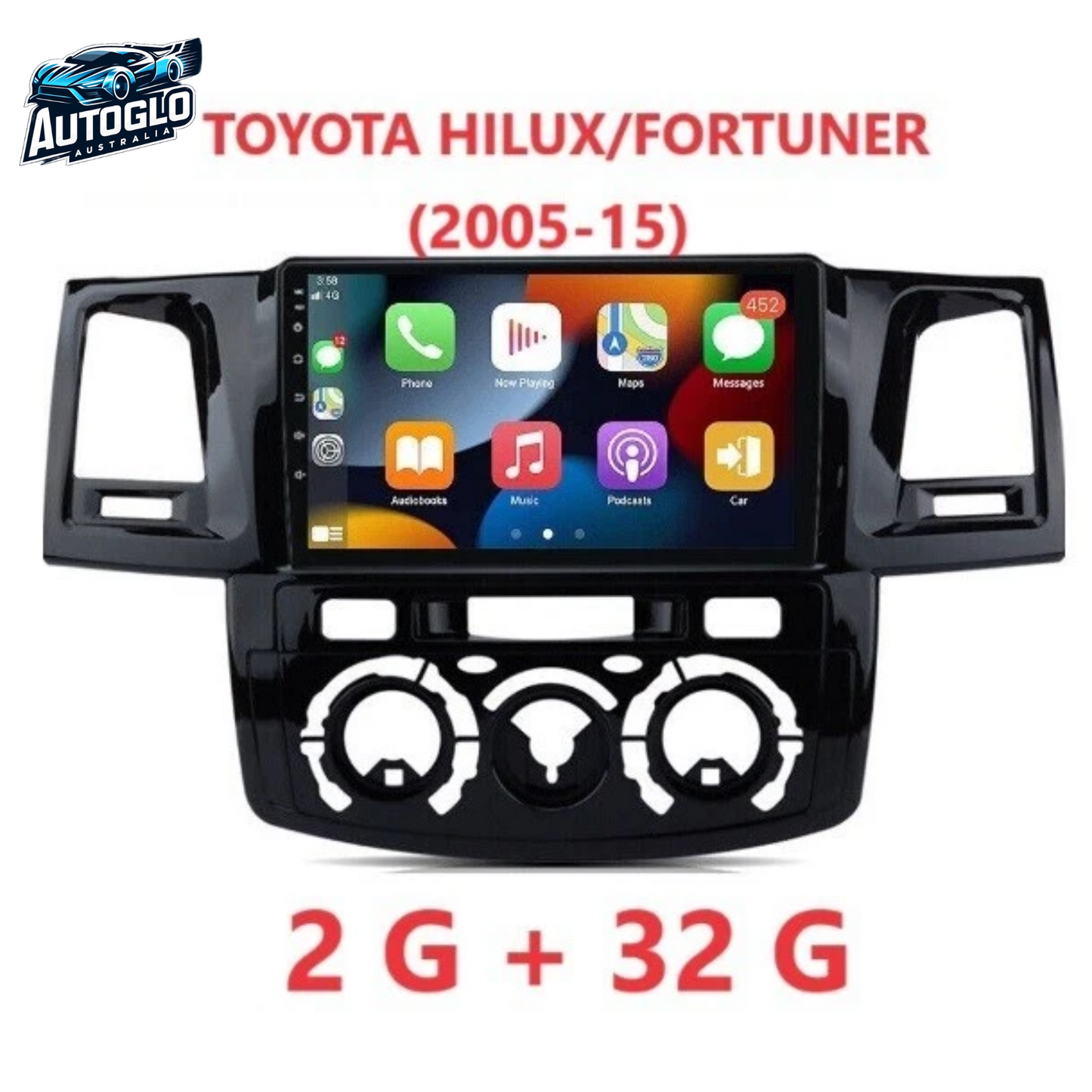 Autoglo Australia 9" CARPLAY ANDROID GPS BT WiFi Stereo For TOYOTA HILUX (2005-15) -Rev. Cam +Mic