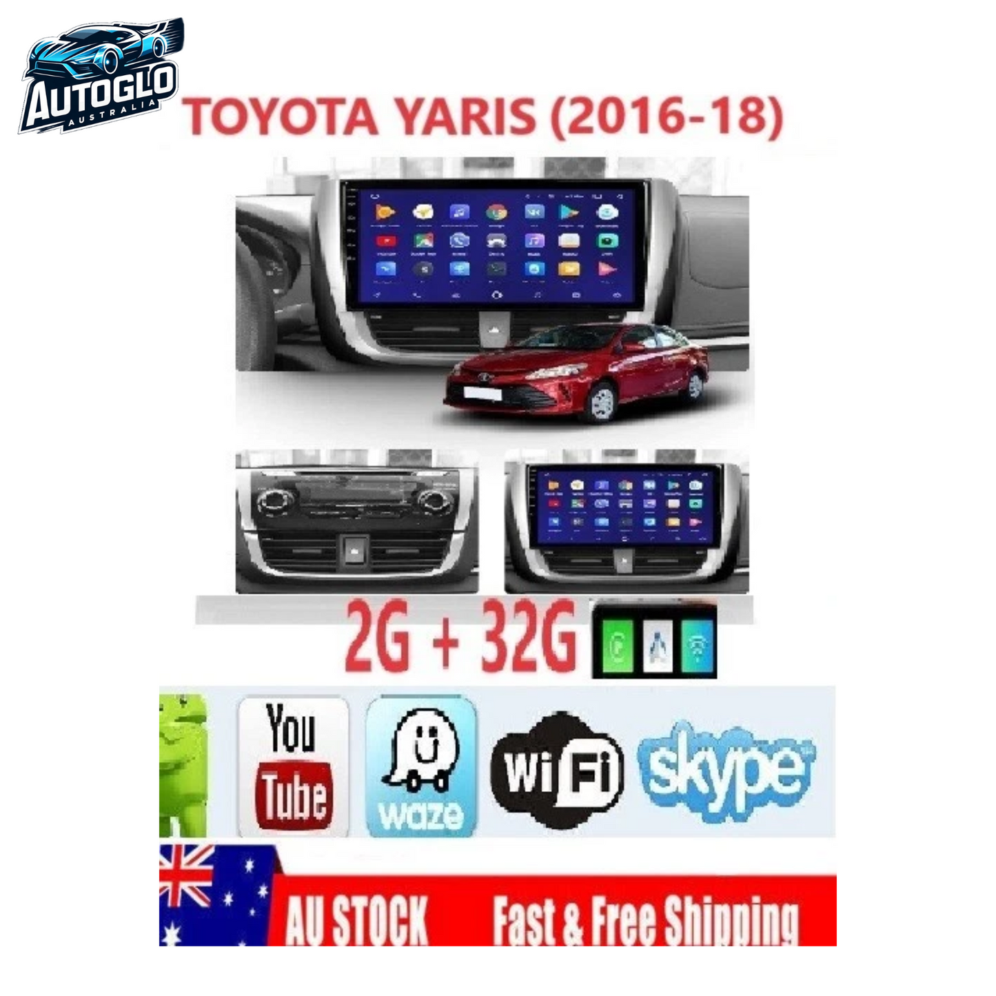 Autoglo Australia 9" CarPlay Android 13 GPS BT WiFi 2GB+32GB Stereo For TOYOTA YARIS (2016-18)