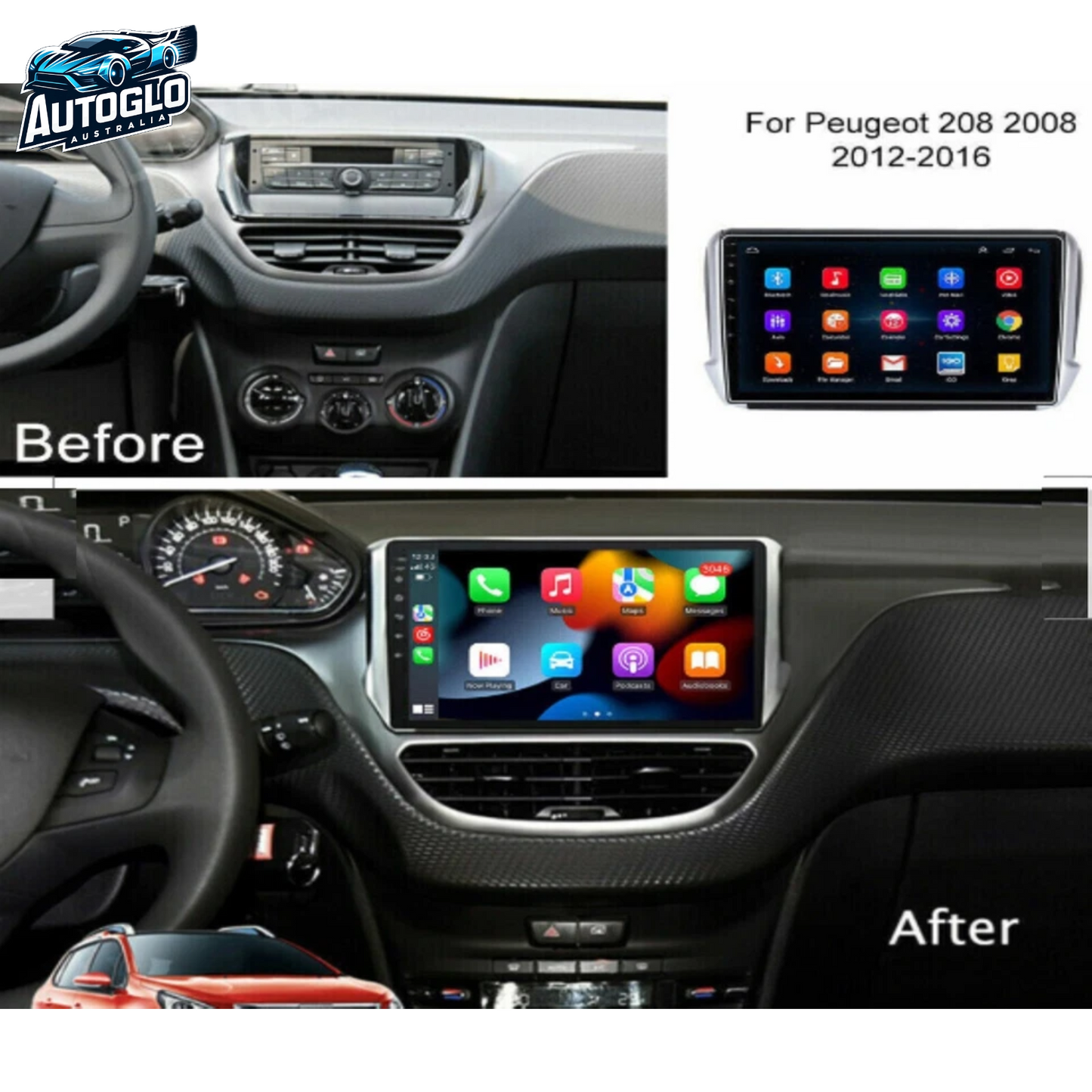 Autoglo Australia 10" (2+32GB) CarPlay Android 13.0 BT GPS WiFi Stereo For Peugeot 208 (2012 -16)