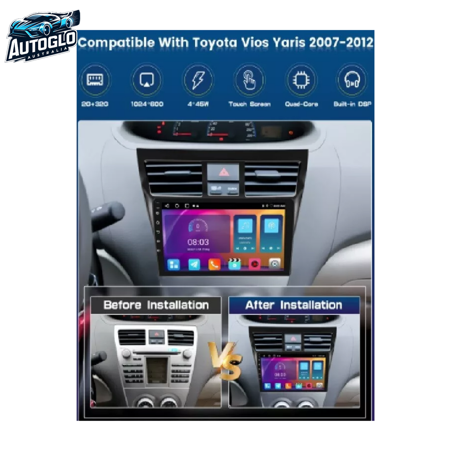 Autoglo Australia 9" (2G+32G) CARPLAY ANDROID GPS BT WiFi Stereo For TOYOTA YARIS (2005-12)