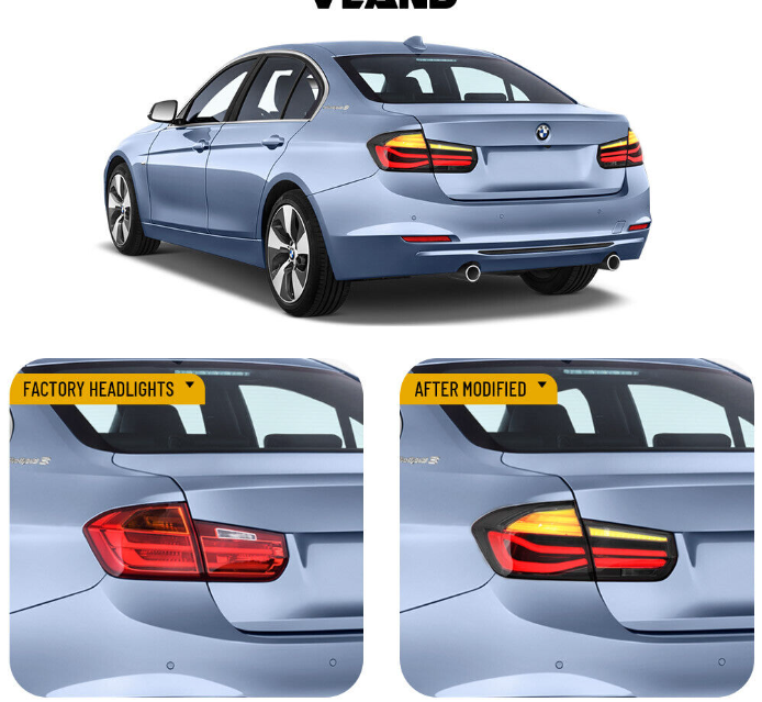 Autoglo Australia's VLAND LED Tail Lights for BMW 3 Series/M3 (2012-2018), featuring sleek design with Smoked lens