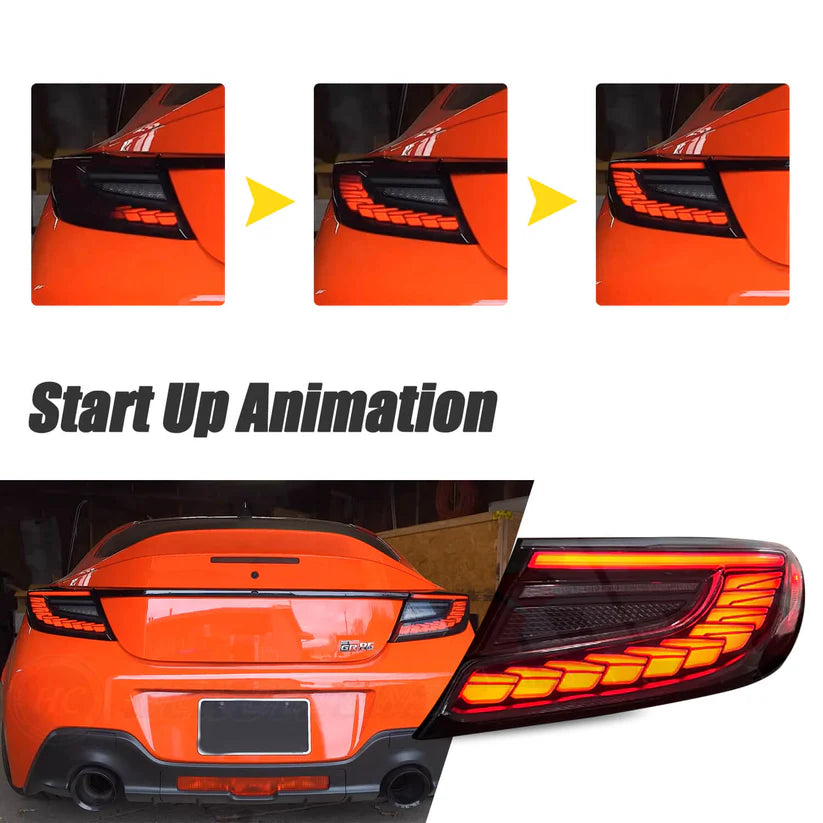 Red Lens Full LED Dragon Scale Taillights for 2021-2024 Toyota GR86 and Subaru BRZ, featuring a unique dragon scale design with bright red brake lights, dynamic amber sequential turn signals, and full LED DRLs for enhanced visibility and a modern, stylish appearance