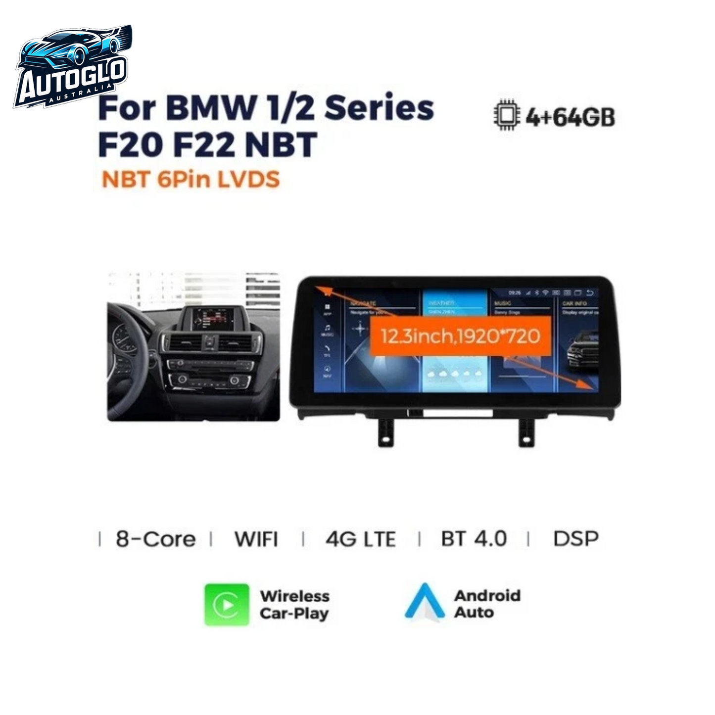 Autoglo Australia BMWBMW 1/2 Series F20 NBT 12.3" XL FHD Carplay Android BT GPS 4G Auto Stereo (NBT)