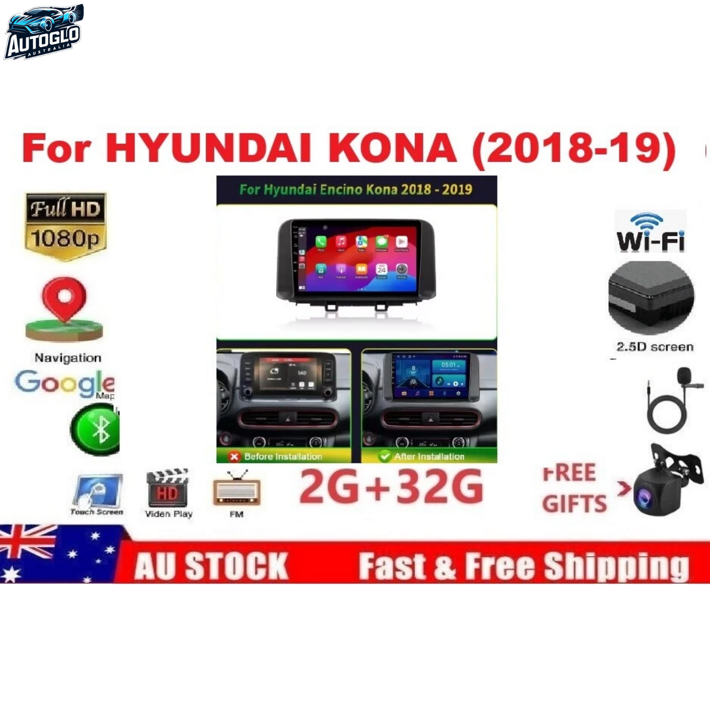 Autoglo Australia 9" CarPlay Android 13 GPS BT WiFi Stereo For HYUNDAI KONA (2018+) 2GB+32GB