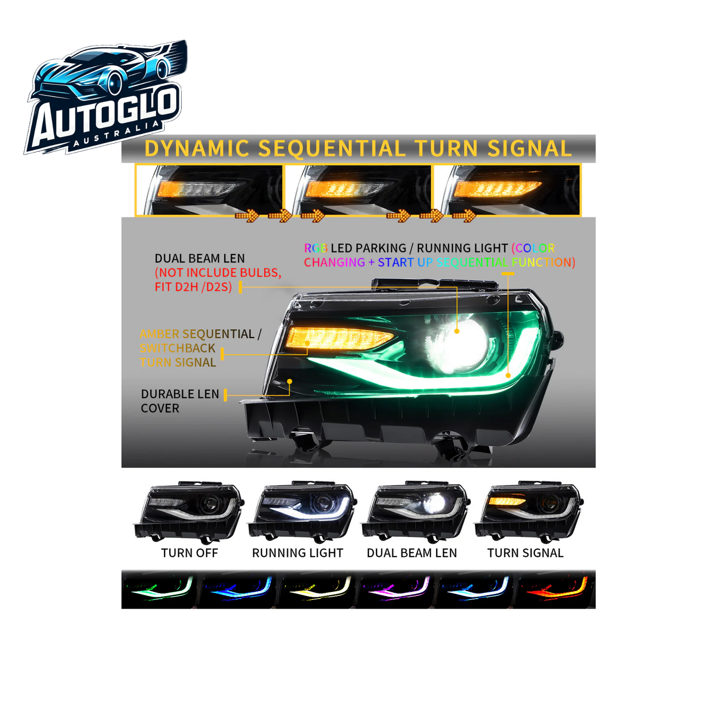 Vland RGB Dual Beam Headlights For Chevy Camaro 2014 2015 With Amber Sequential, Multicolor DRL colors