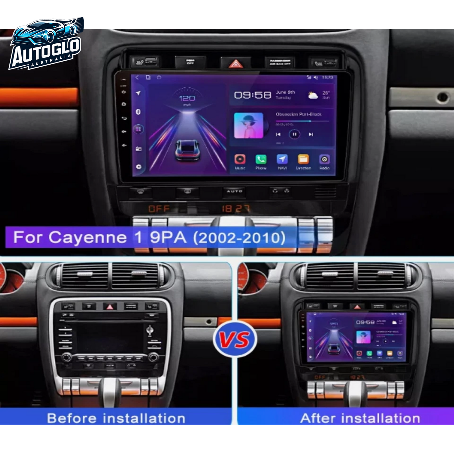 Autoglo Australia 9" CarPlay Android GPS BT WiFi Stereo For PORSCHE CAYENNE (2002-10) 2+32GB