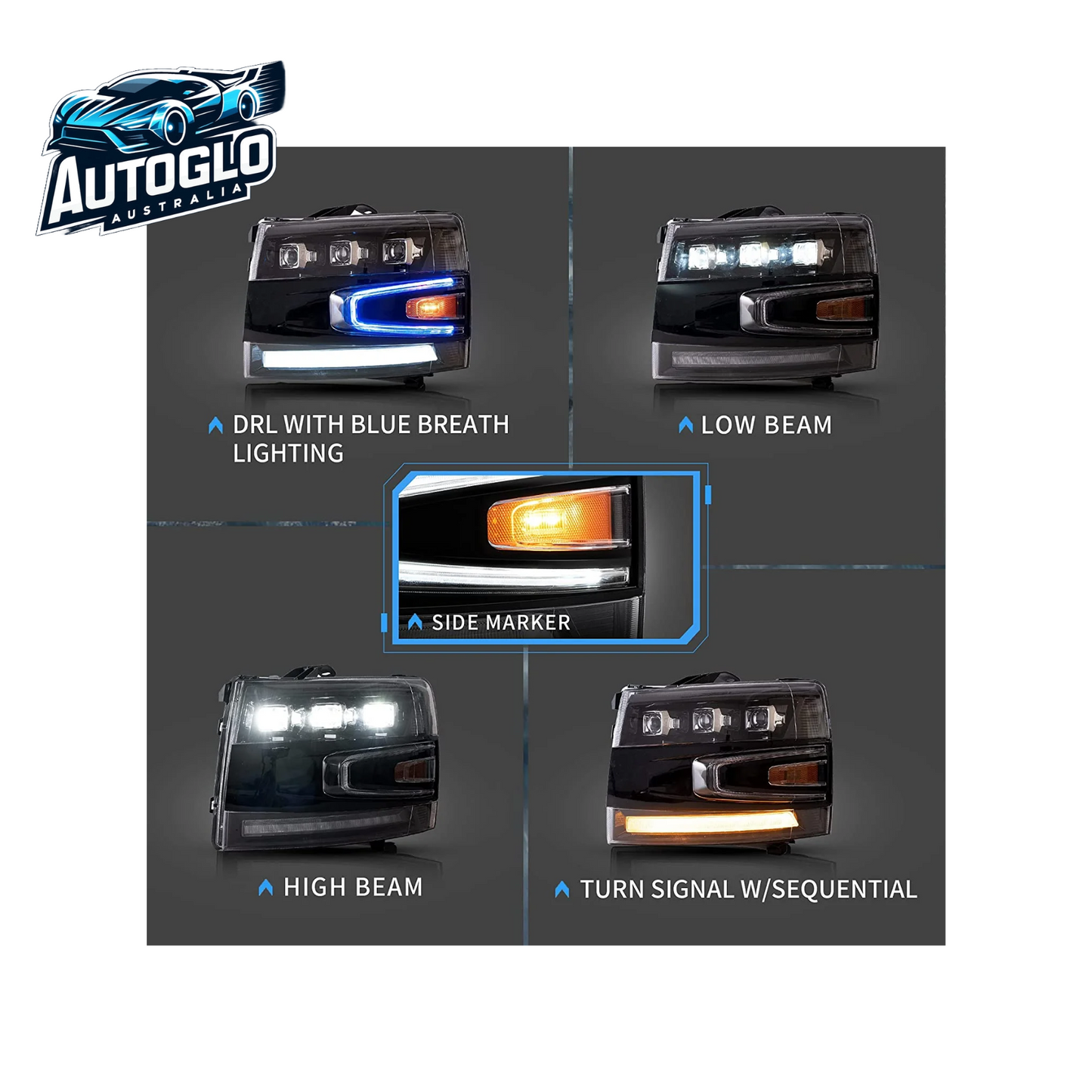 VLAND Projector LED Headlights For 2007-2013 Chevrolet Chevy Silverado 1500 / 2500HD /3500HD With Blue Breathing Lighting
