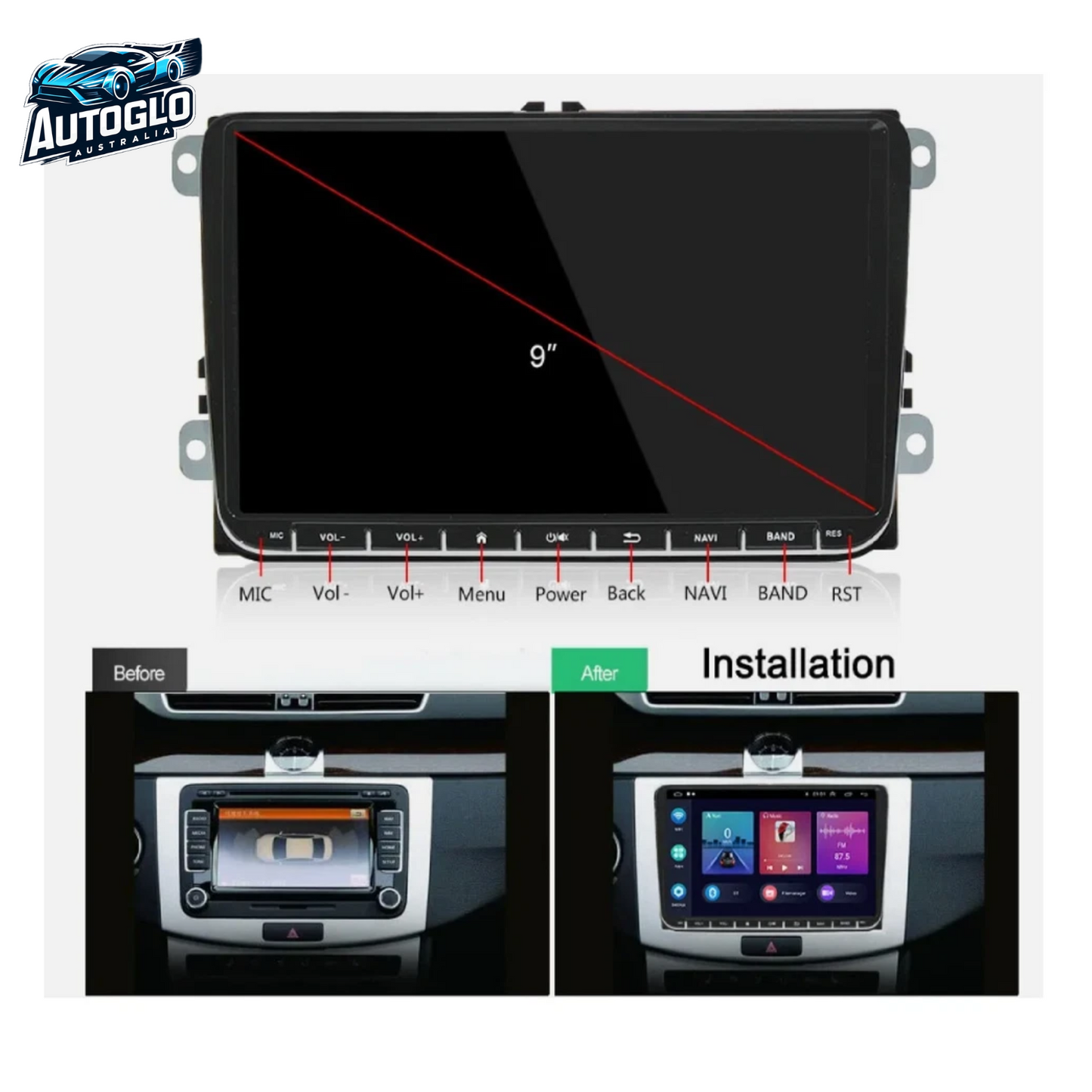 Autoglo Australia 9" CarPlay Android Stereo For VW T5 POLO CADDY AMAROK GOLF JETTA TIGUAN SKODA