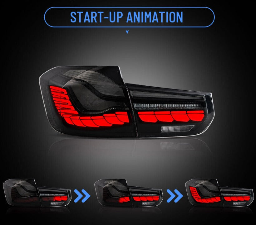 Close-up view of VLAND LED Tail Lights for BMW 3 Series F30 showcasing start-up animation running ligh