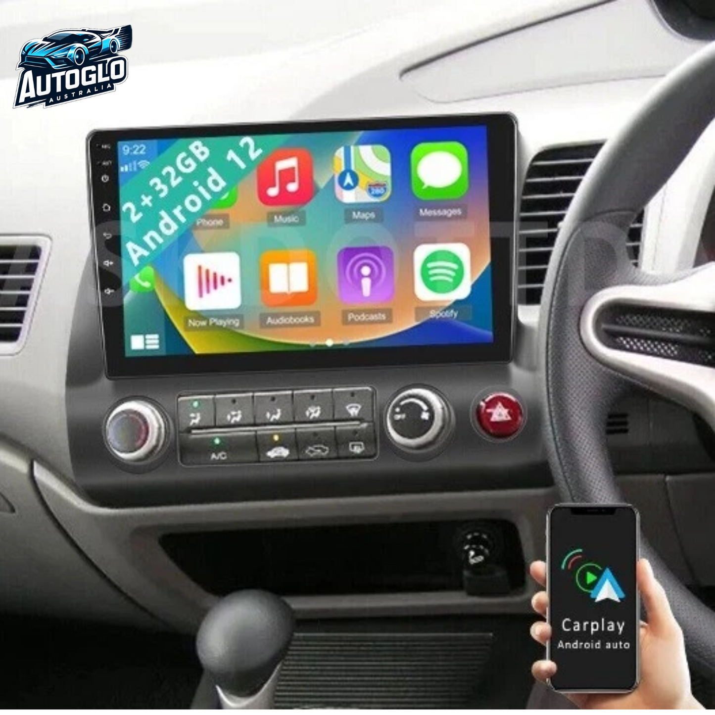 Autoglo Australia 10.1" (2G+32G) GPS BT WiFi CARPLAY ANDROID AUTO Stereo For HONDA CIVIC 2006-11