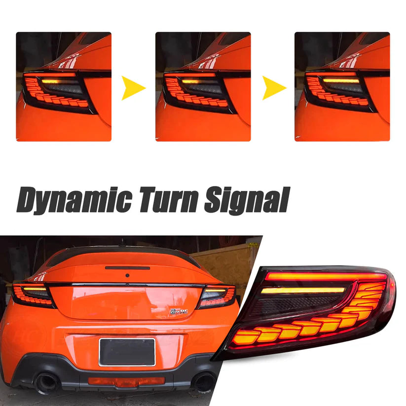 Red Lens Full LED Dragon Scale Taillights for 2021-2024 Toyota GR86 and Subaru BRZ, featuring a unique dragon scale design with bright red brake lights, dynamic amber sequential turn signals, and full LED DRLs for enhanced visibility and a modern, stylish appearance