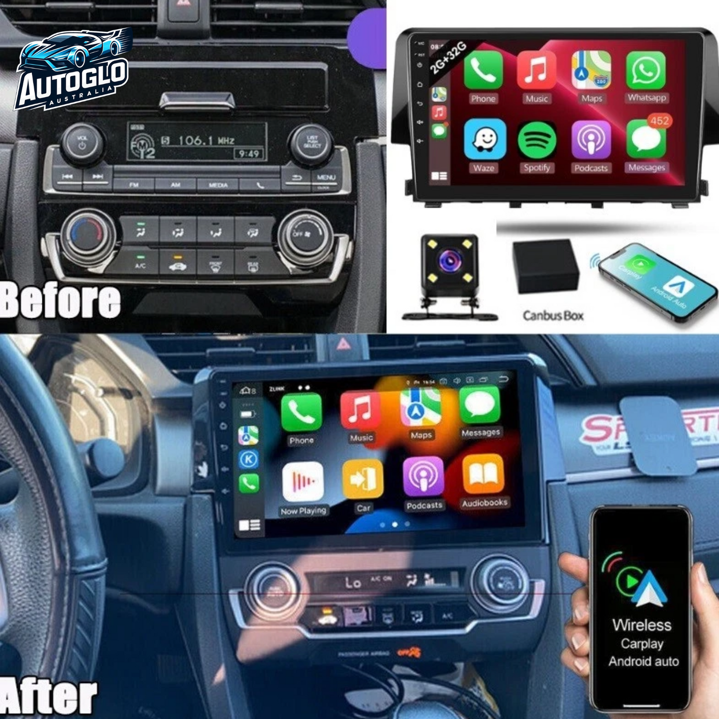 Autoglo Australia 9" (2G+32G) GPS BT WiFi CARPLAY ANDROID STEREO AUTO For HONDA CIVIC (2015-20)
