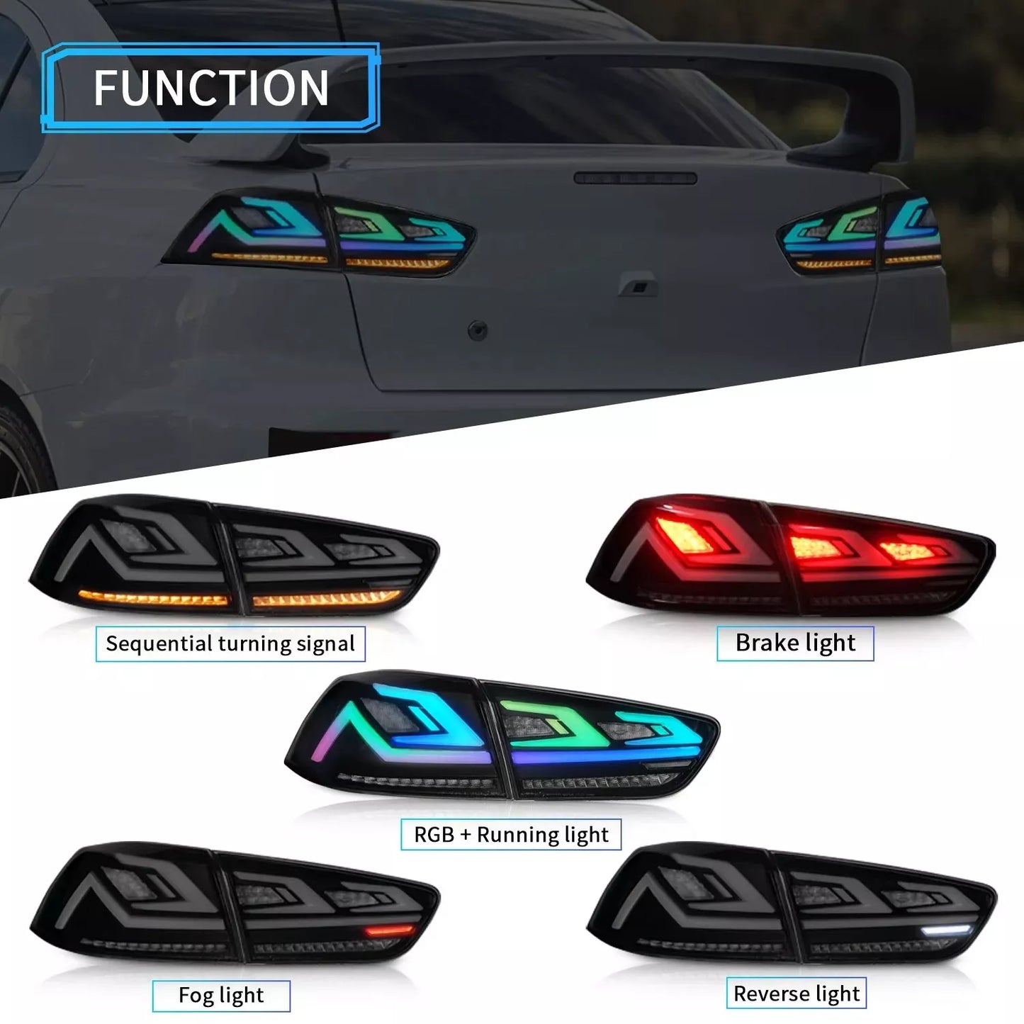 Autoglo Australia LED RGB Tail Lights for Mitsubishi Lancer 08-17 ES VRX EVO X Start Up Animation Rear Lights