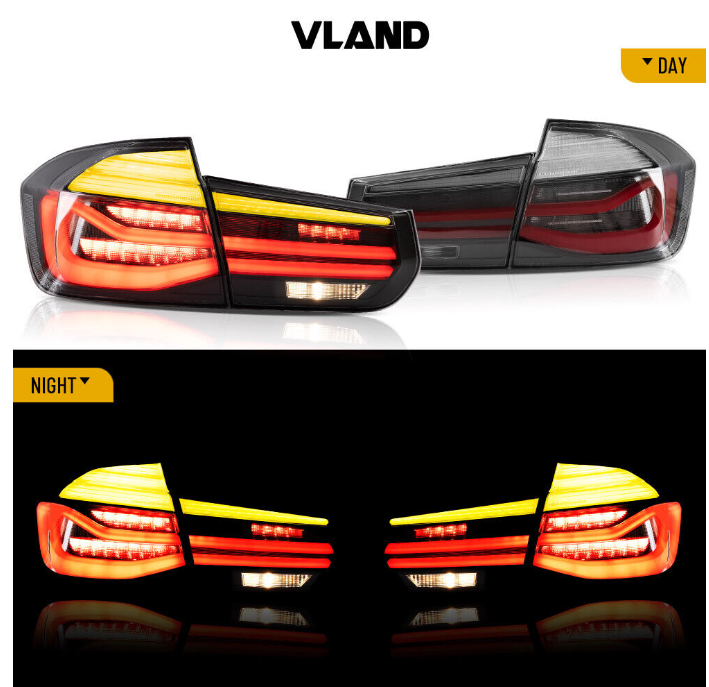Autoglo Australia's VLAND LED Tail Lights for BMW 3 Series/M3 (2012-2018), featuring sleek design with Smoked lens