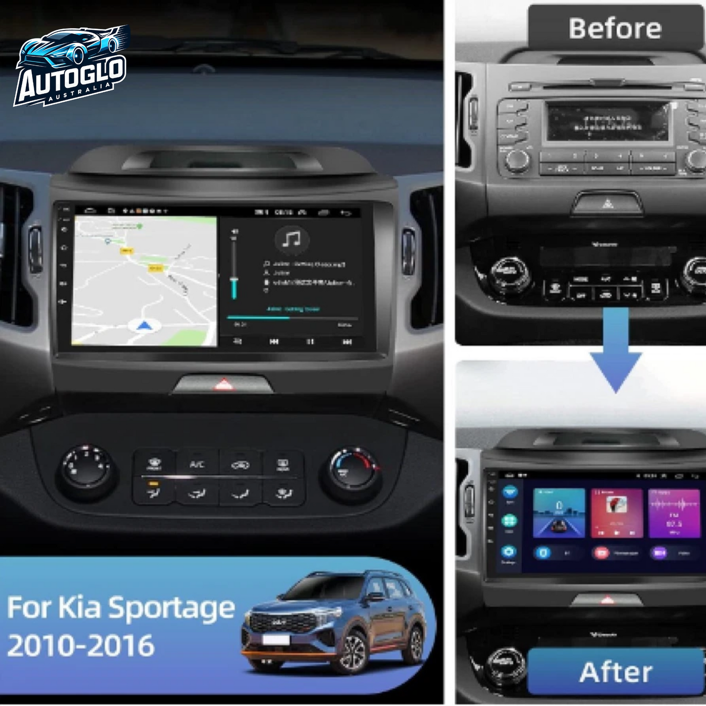 Autoglo Australia 9" (2G+32G) GPS BT WiFi CARPLAY ANDROID 13 Stereo For KIA SPORTAGE (2010-16)