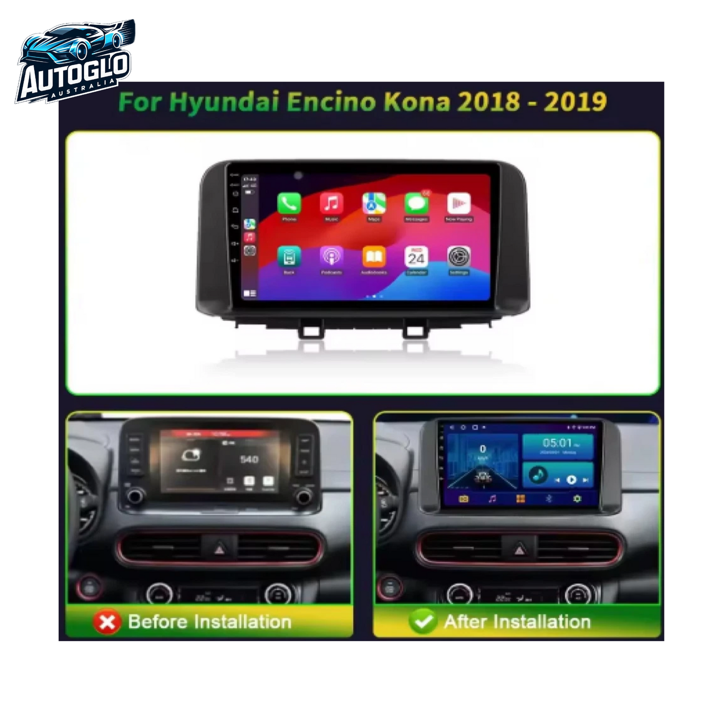 Autoglo Australia 9" CarPlay Android 13 GPS BT WiFi Stereo For HYUNDAI KONA (2018+) 2GB+32GB