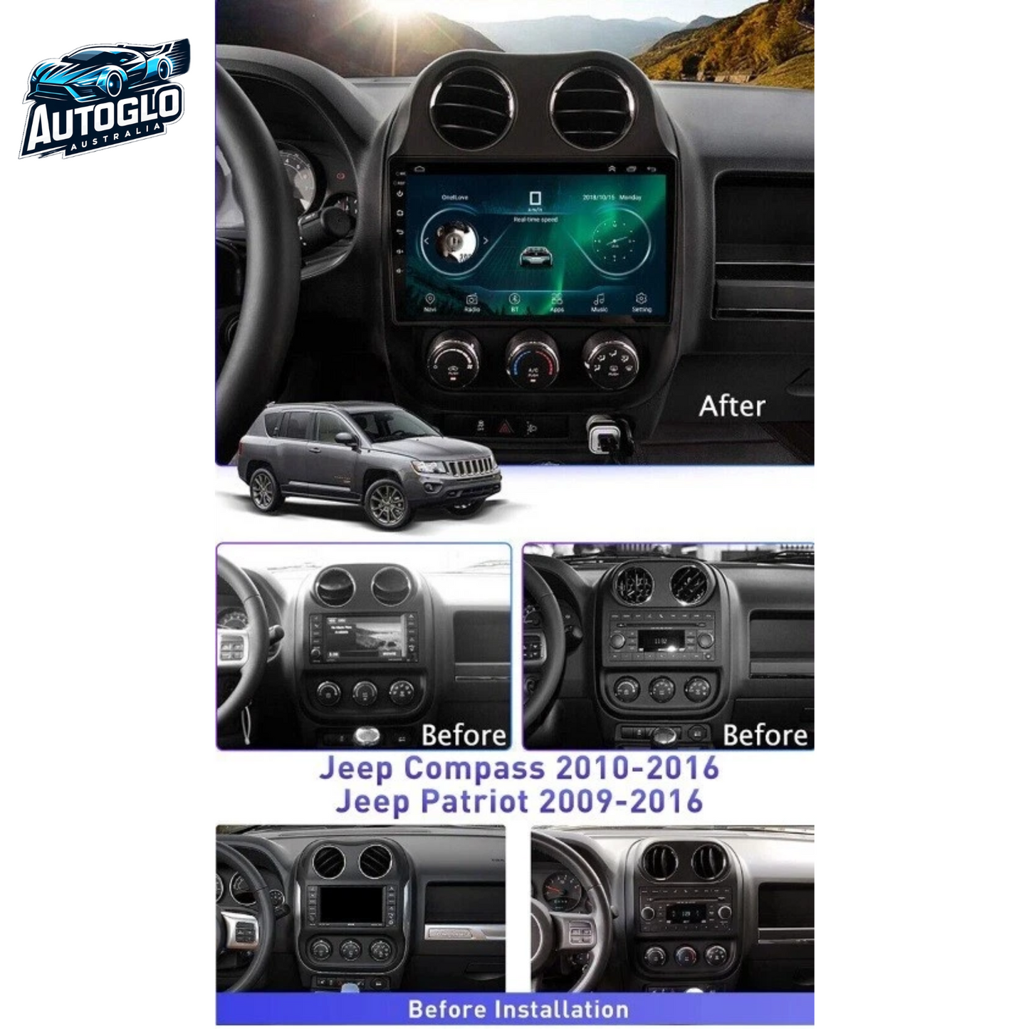 Autoglo Australia 10.1" Android Carplay Stereo for JEEP COMPASS PATRIOT 2010-16 (2GB+32GB)