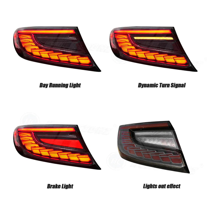 Red Lens Full LED Dragon Scale Taillights for 2021-2024 Toyota GR86 and Subaru BRZ, featuring a unique dragon scale design with bright red brake lights, dynamic amber sequential turn signals, and full LED DRLs for enhanced visibility and a modern, stylish appearance