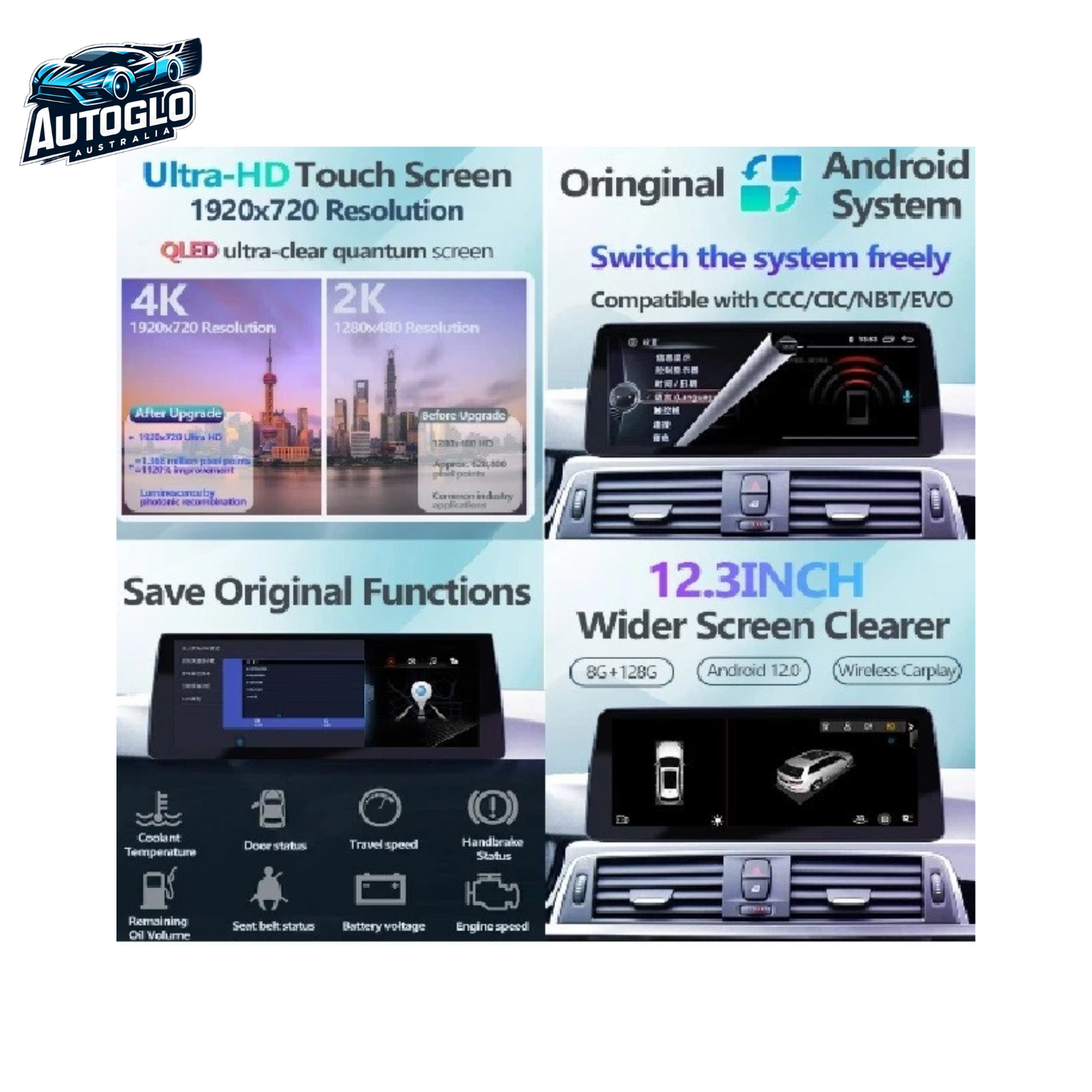 Autoglo Australia BMW E90 3 Series 12.3" XL FHD Carplay Android BT GPS 4G Auto Stereo +Idrive Free