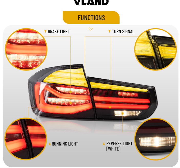 Autoglo Australia's VLAND LED Tail Lights for BMW 3 Series/M3 (2012-2018), featuring sleek design with Smoked lens