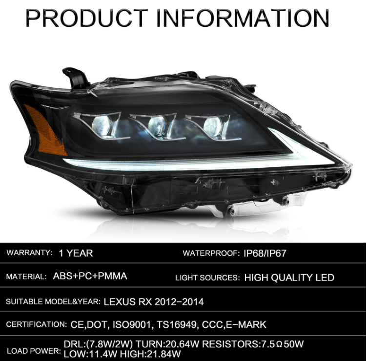 VLAND Pair LED Projector Headlights For 2009-2015 Lexus RX RX270 RX300 RX350