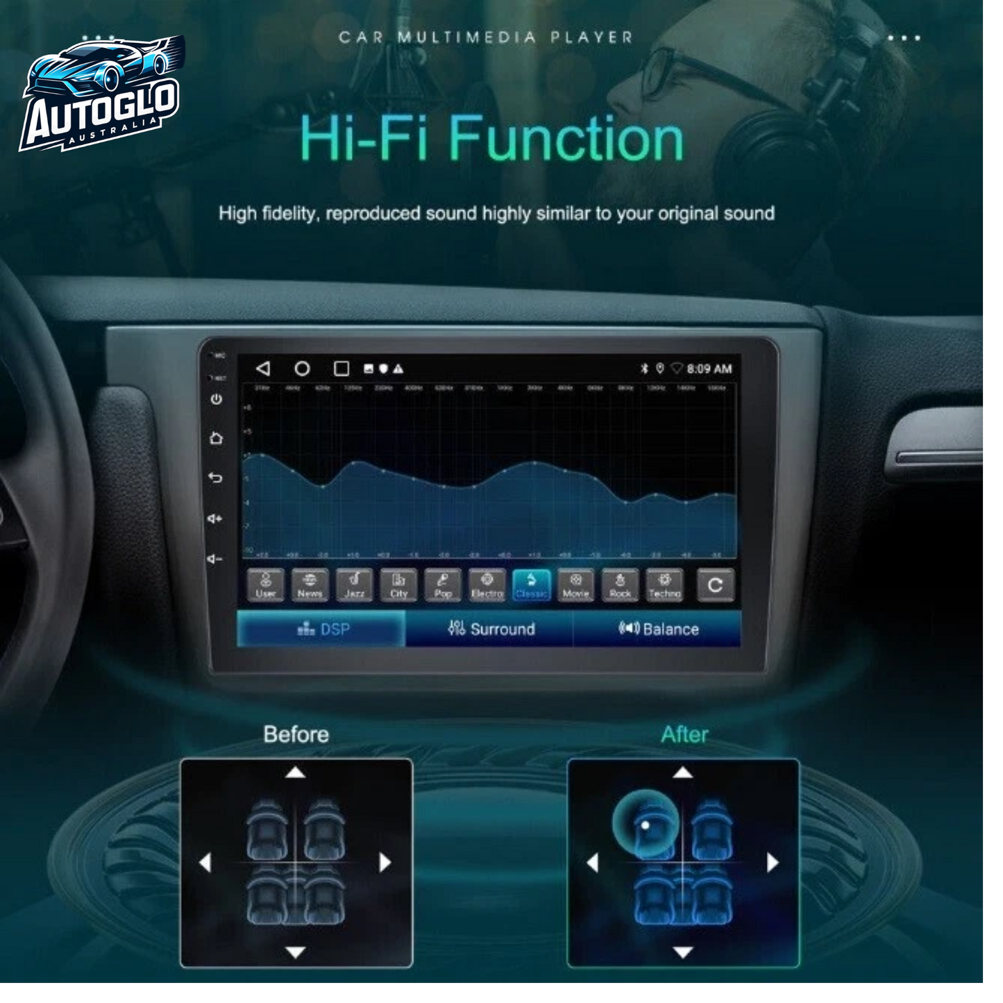 Autoglo Australia 9" (2+32GB) Android 13 Carplay BT GPS Stereo for TOYOTA KLUGER (2000-07)