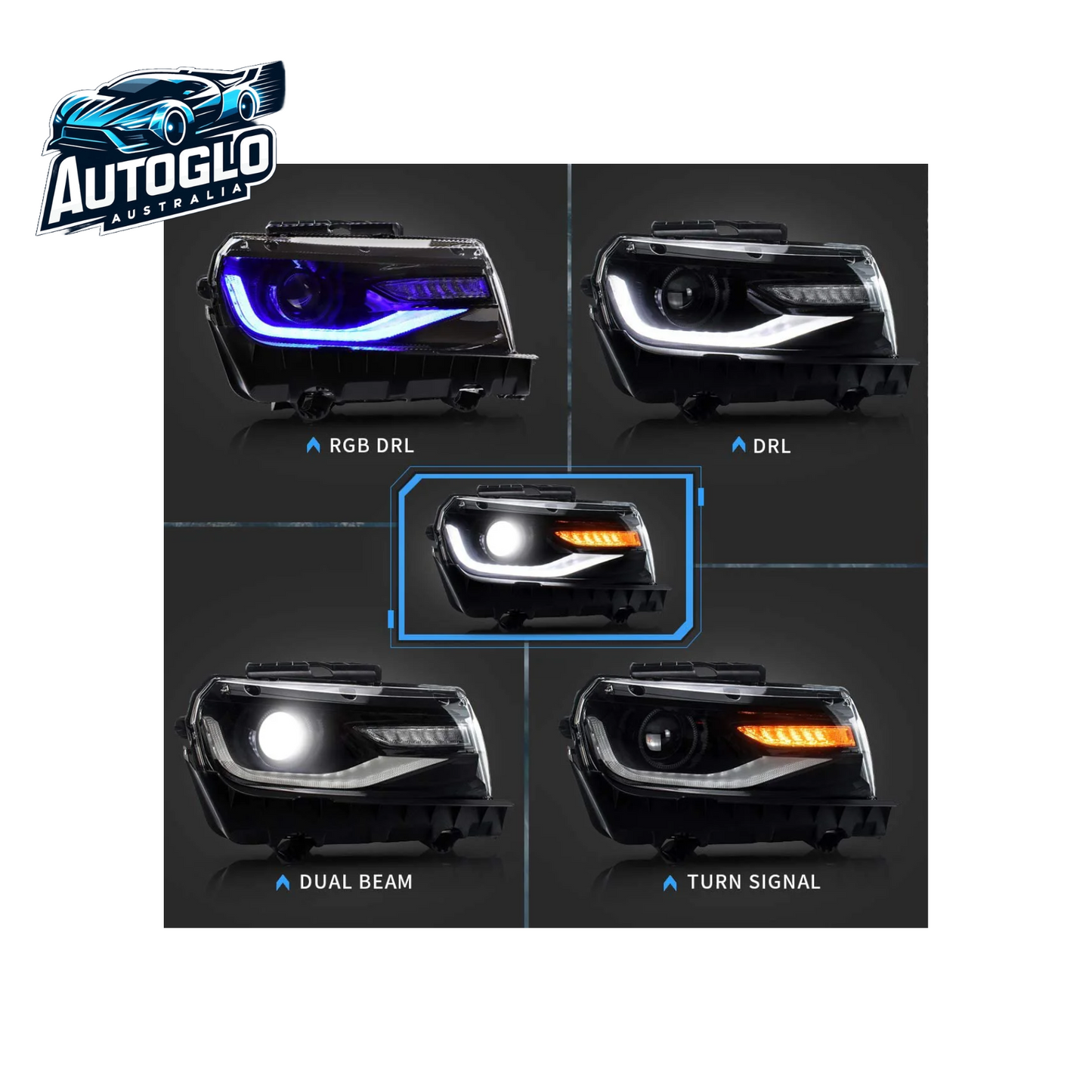 Vland RGB Dual Beam Headlights For Chevy Camaro 2014 2015 With Amber Sequential, Multicolor DRL colors