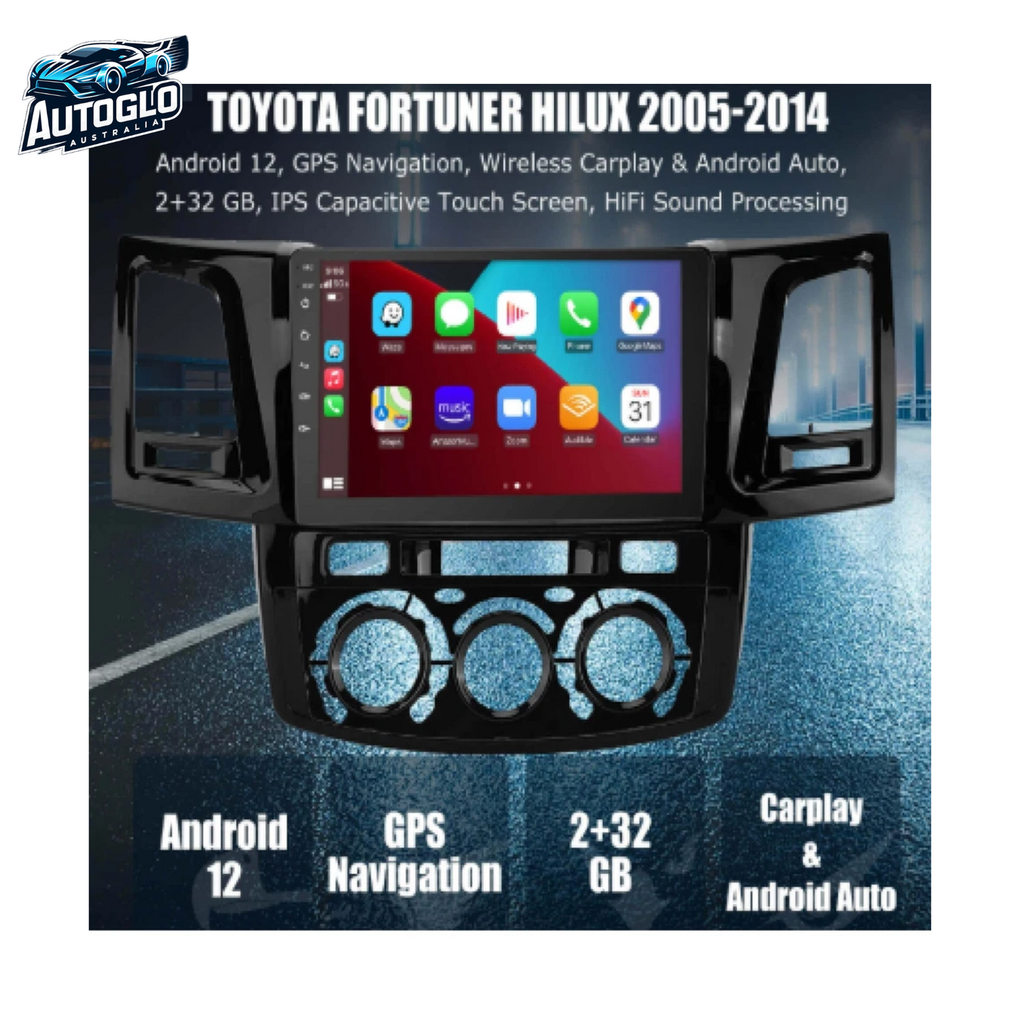 Autoglo Australia 9" CARPLAY ANDROID GPS BT WiFi Stereo For TOYOTA HILUX (2005-15) -Rev. Cam +Mic