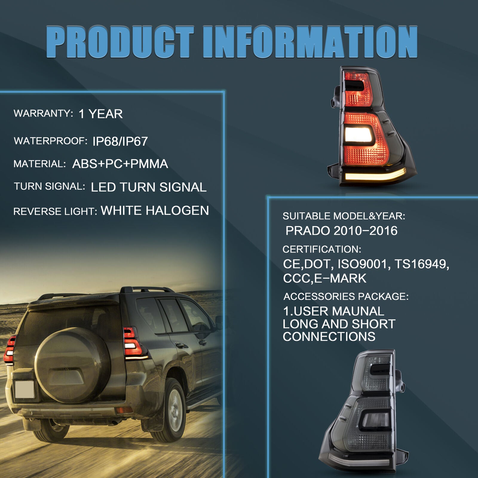 Package Contents: Pair of Smoked Lens LED Tail Lights for Toyota Land Cruiser Prado