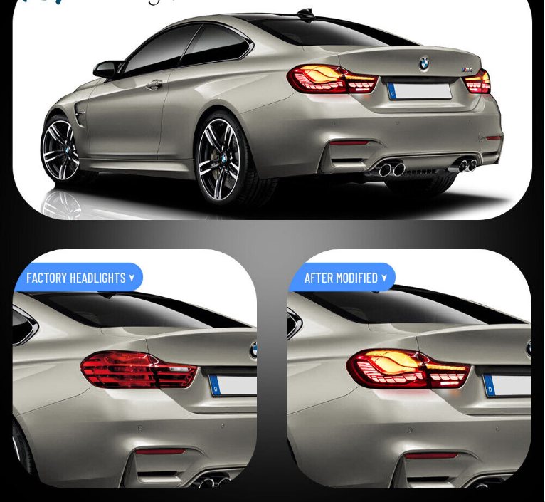 Comparison between original and VLAND LED Tail Lights for BMW M4 F82, F83, F32, F36 (2013-2020), highlighting modern design