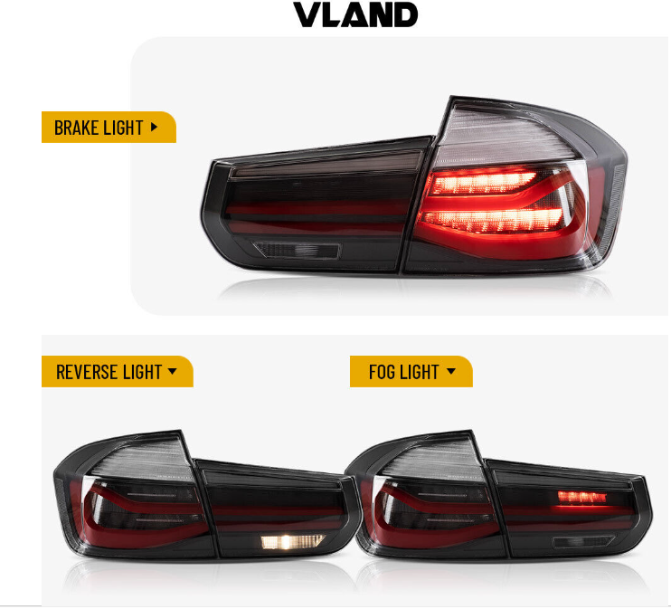 Autoglo Australia's VLAND LED Tail Lights for BMW 3 Series/M3 (2012-2018), featuring sleek design with Smoked lens