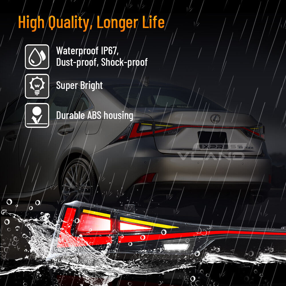 "Lexus IS taillights with full LED assembly, fog lights, and plug-and-play installation