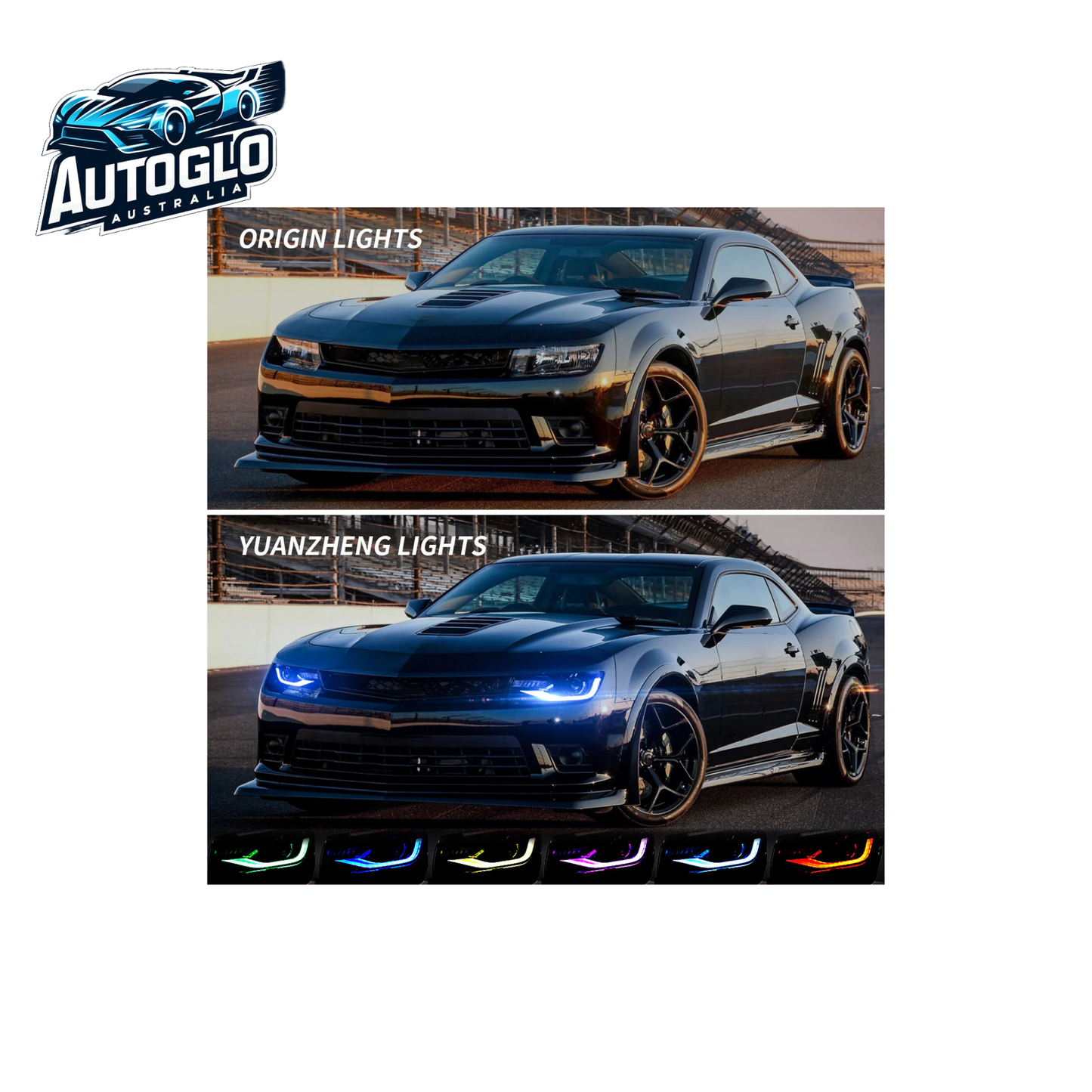 Vland RGB Dual Beam Headlights For Chevy Camaro 2014 2015 With Amber Sequential, Multicolor DRL colors