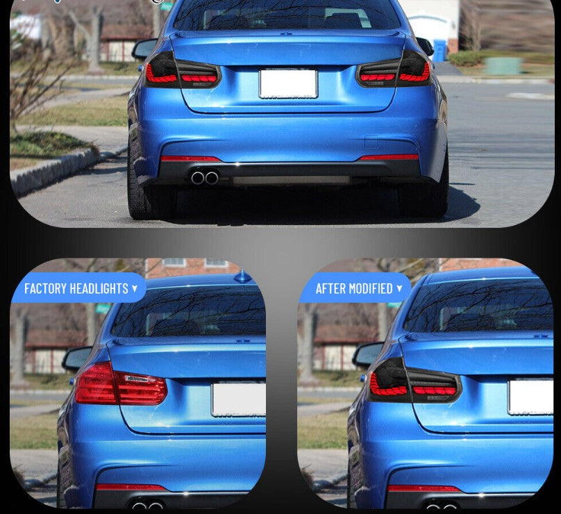 Comparison between original tail lights and VLAND LED Tail Lights for BMW 3 Series F30, highlighting modern design upgrade