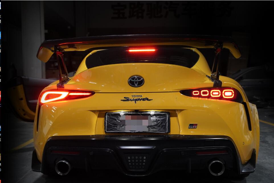 Smoked LED Aftermarket Taillight for 2018-2023 Toyota Supra featuring dynamic animation DRL, sequential turn signals, and red breathing light, designed for a modern aesthetic and enhanced road safety