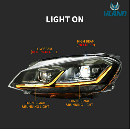 VLAND LED Projector Headlights For 2017-2020 Volkswagen VW MK7.5 Front Lamp 2Pcs