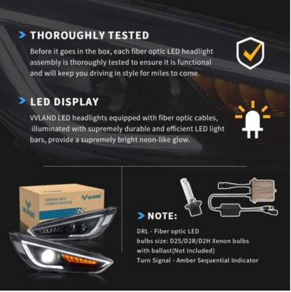VLAND 2Pcs LED Projector Headlights For 2015-2018 Ford Focus W/Sequential Signal
