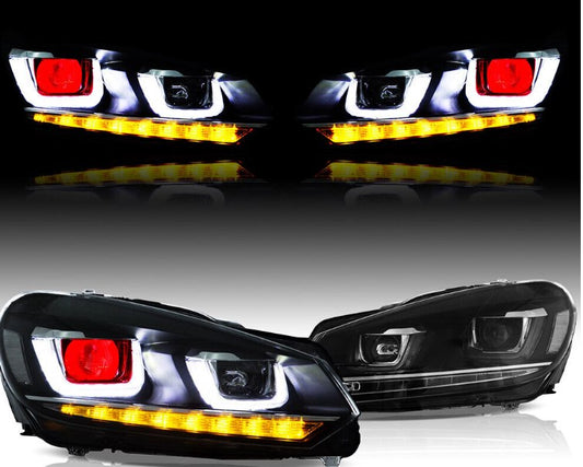 LED DRL Projector Headlights For Volkswagen Golf Mk6 2010-14 With Red Demon Eye