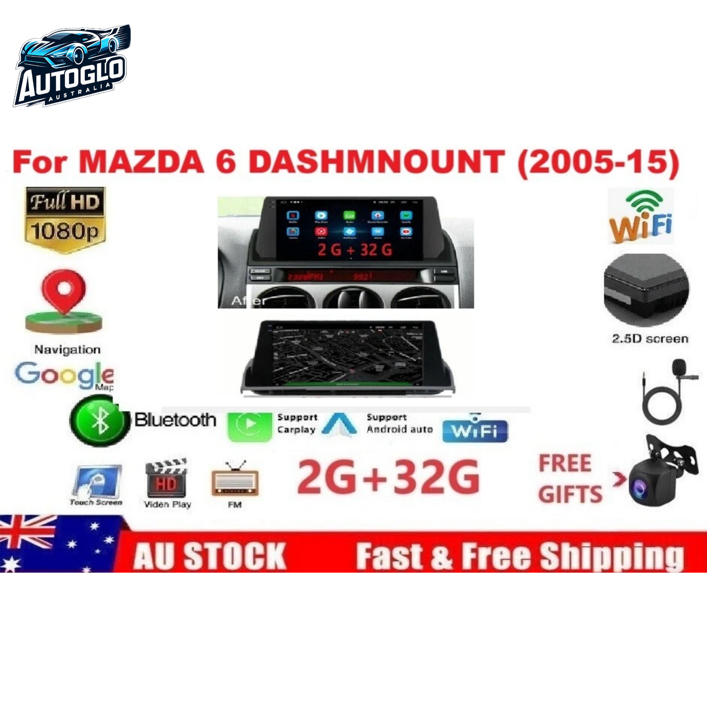 Autoglo Australia 9" CarPlay Android 13 GPS BT WiFi Stereo For MAZDA 6 (2005+ Models) 2GB+32GB