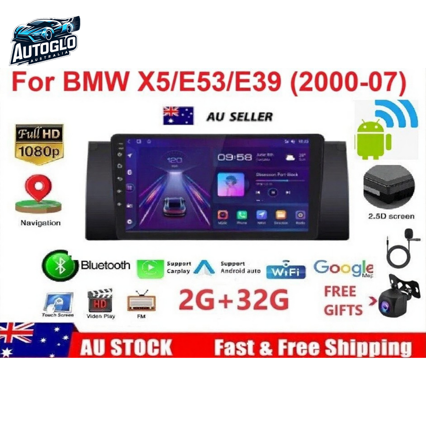 Autoglo Australia 9" CarPlay Android 13 GPS BT WiFi Stereo For BMW X5/E53/E39 2GB+32GB (2000-07)