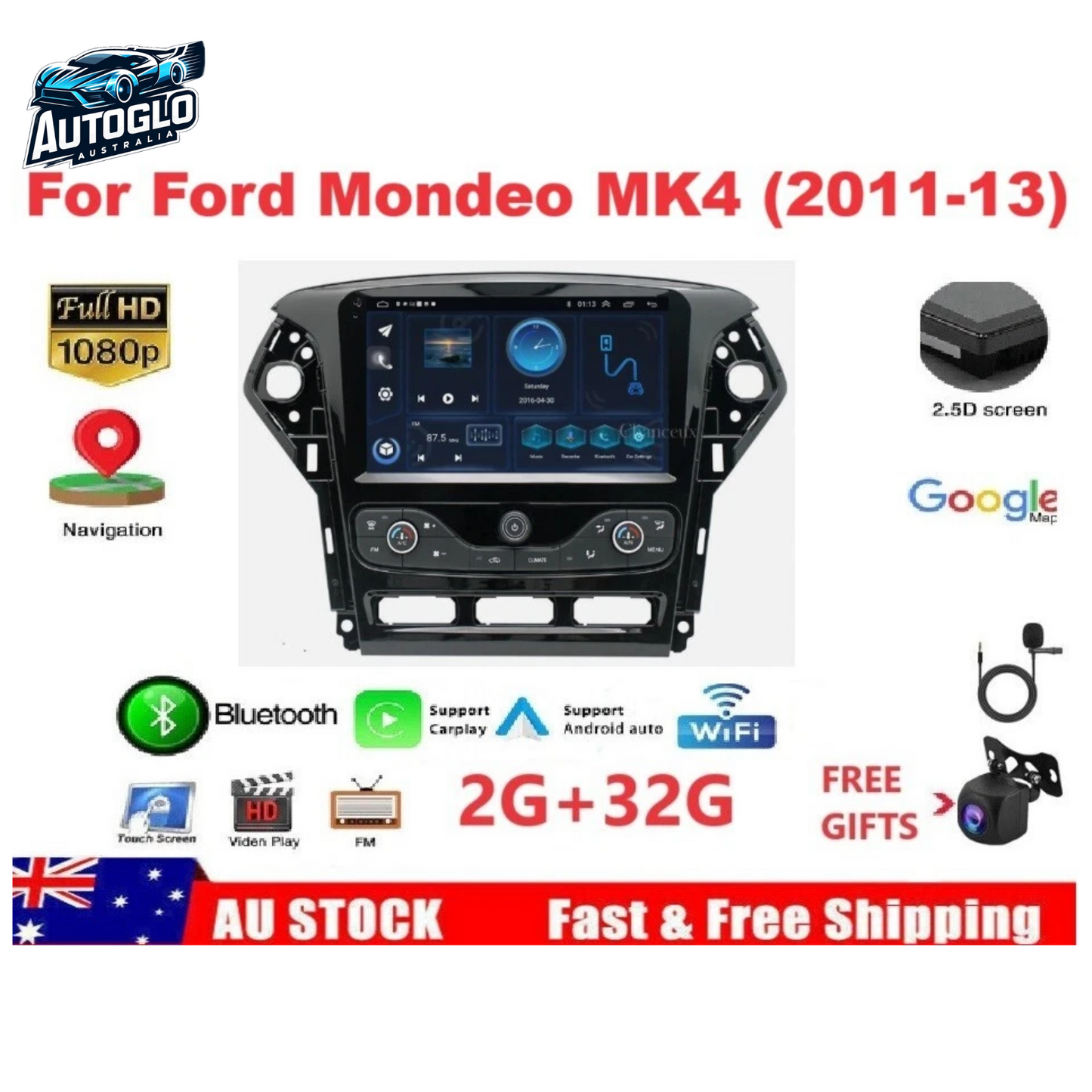 Autoglo Australia 10" (2G+32G) BT WiFi CARPLAY ANDROID Stereo For FORD MONDEO AUTO AC (2011-14)