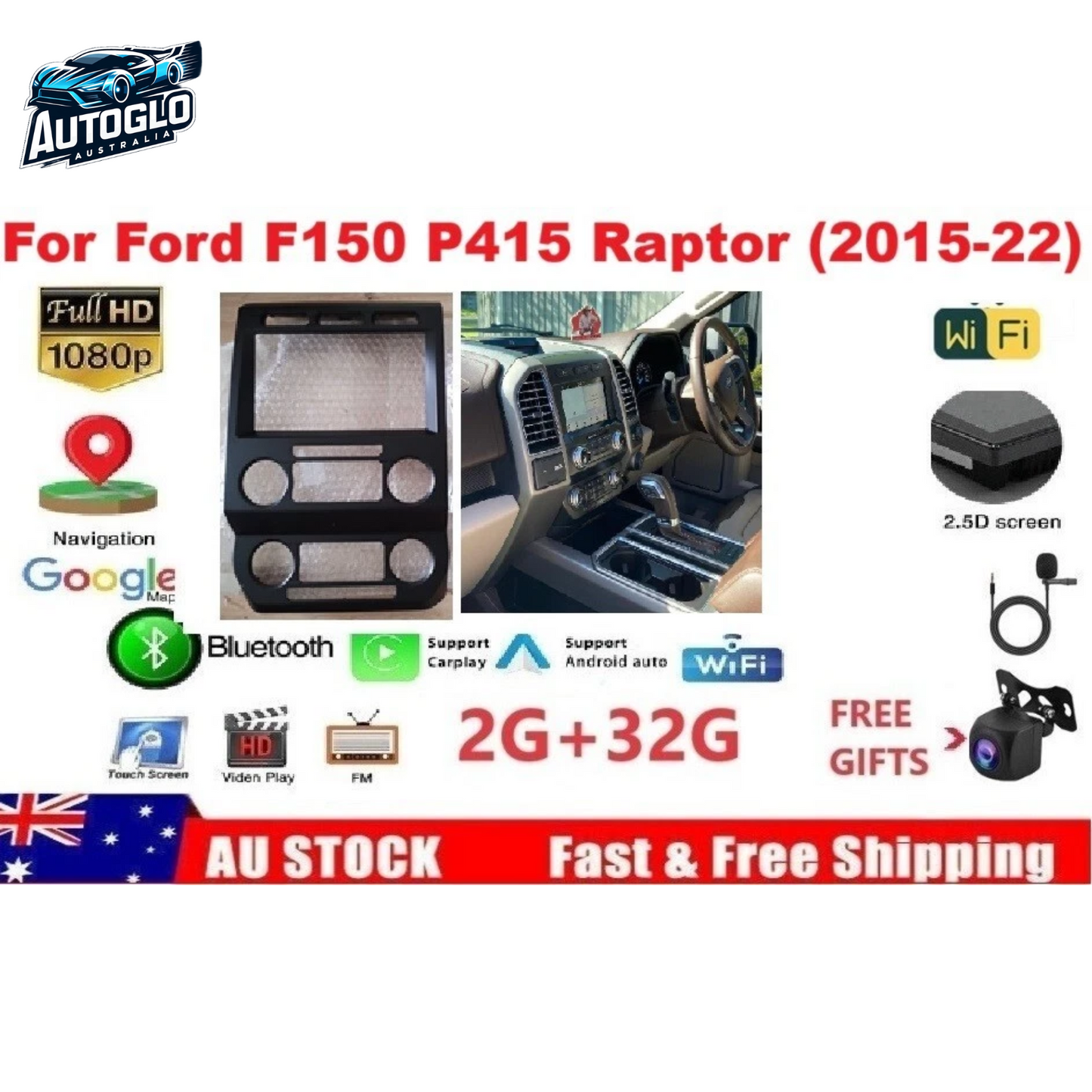 Autoglo Australia 9" Android Carplay Stereo for FORD 150 P415 RAPTOR 2GB+32G (2015-22)