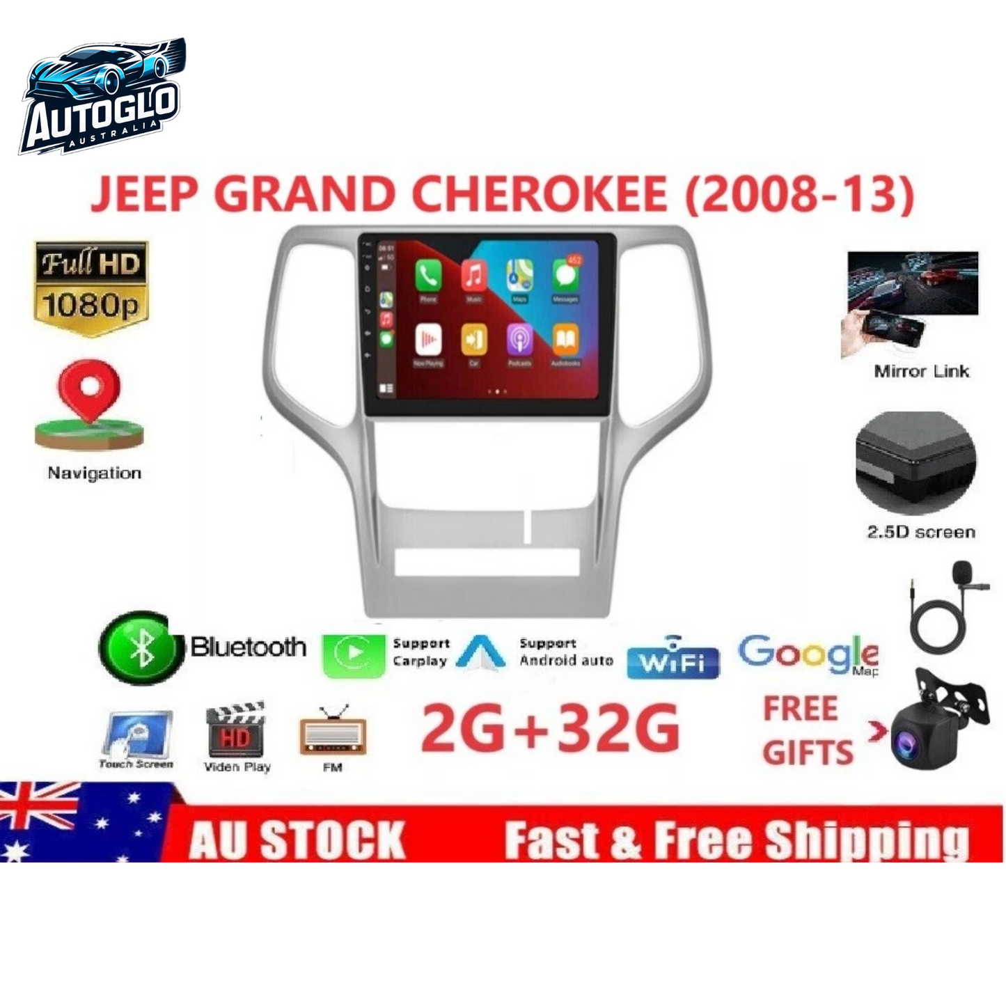 Autoglo Australia 9" (2G+32G) CARPLAY ANDROID GPS BT WiFi Stereo For JEEP GRAND CHEROKEE (2008-13)