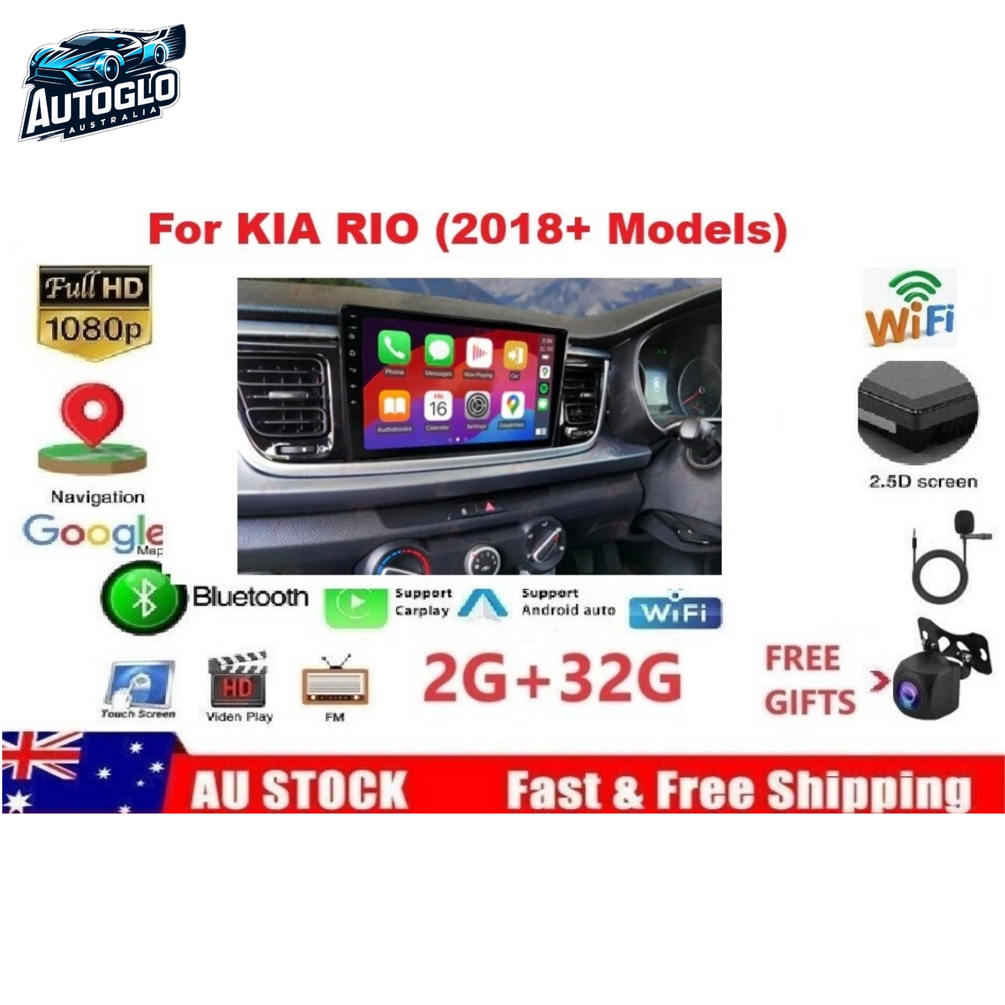 Autoglo Australia 9" (2GB+32G) Android Carplay BT GPS Stereo for KIA RIO (2018+)