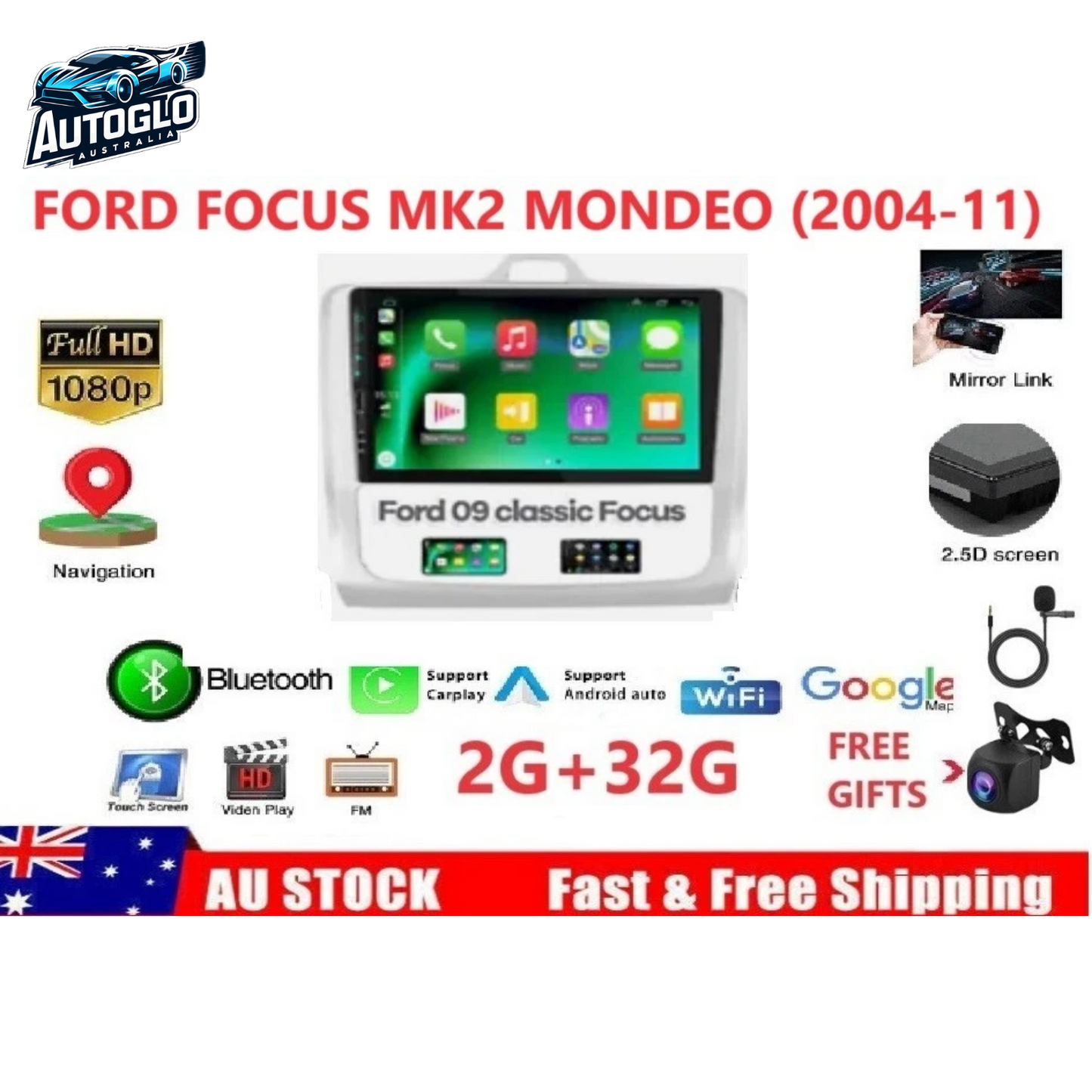 Autoglo Australia 9" (2G+32G) BT WiFi CARPLAY ANDROID Stereo FORD MONDEO FOCUSII (2004-11)