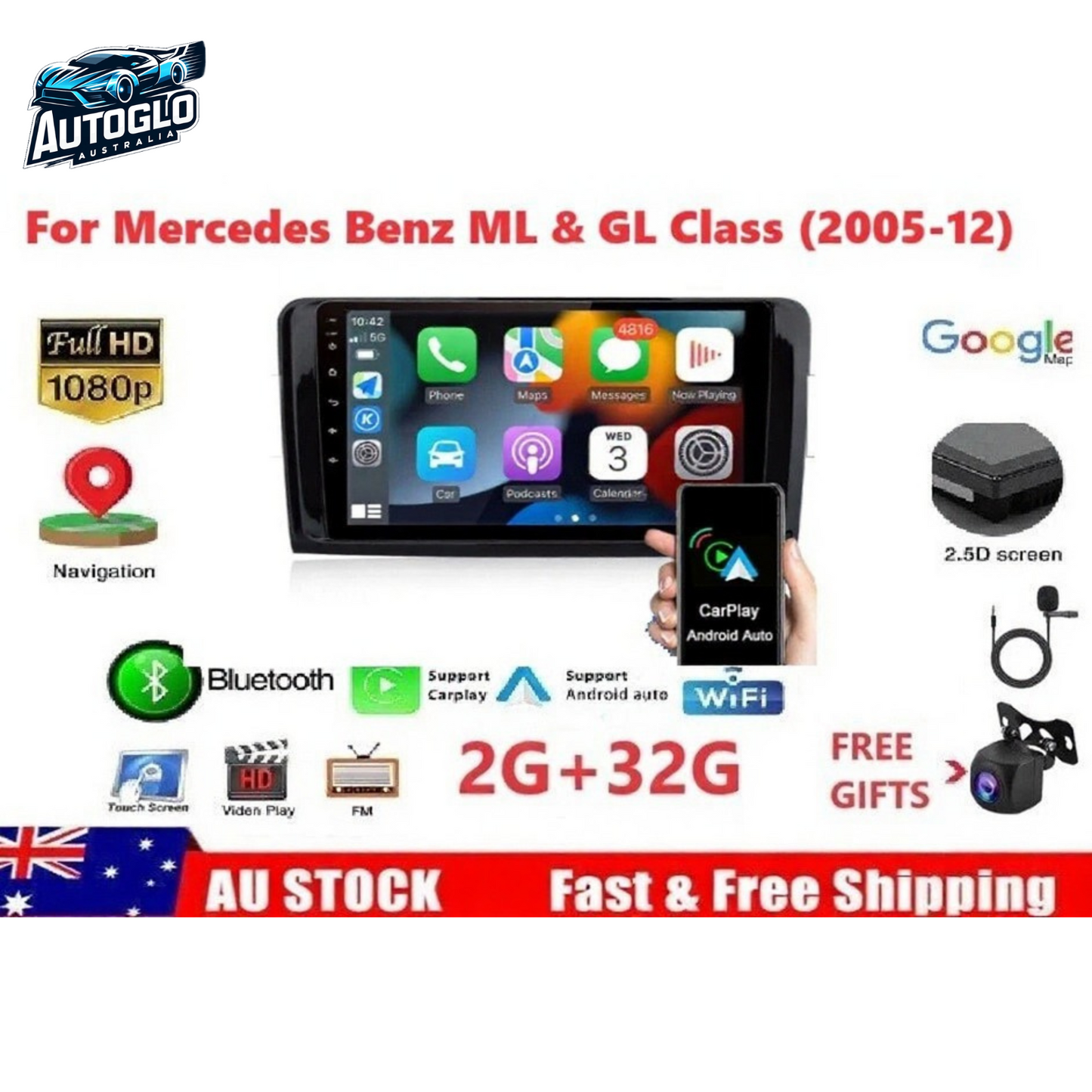 Autoglo Australia 9" (2G+32G) GPS BT WiFi CARPLAY ANDROID Stereo Benz ML & GL Class (2010-17)