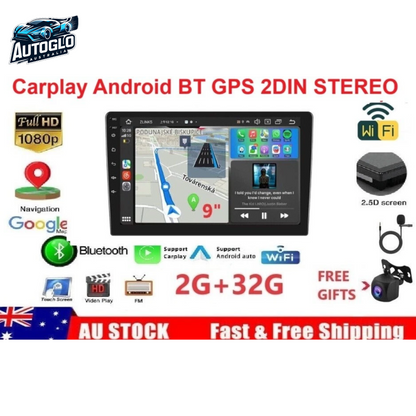 Autoglo Australia 9" Double DIN CarPlay Android Stereo GPS BT WiFi 2G+32G + Camera Mic - GIFTs